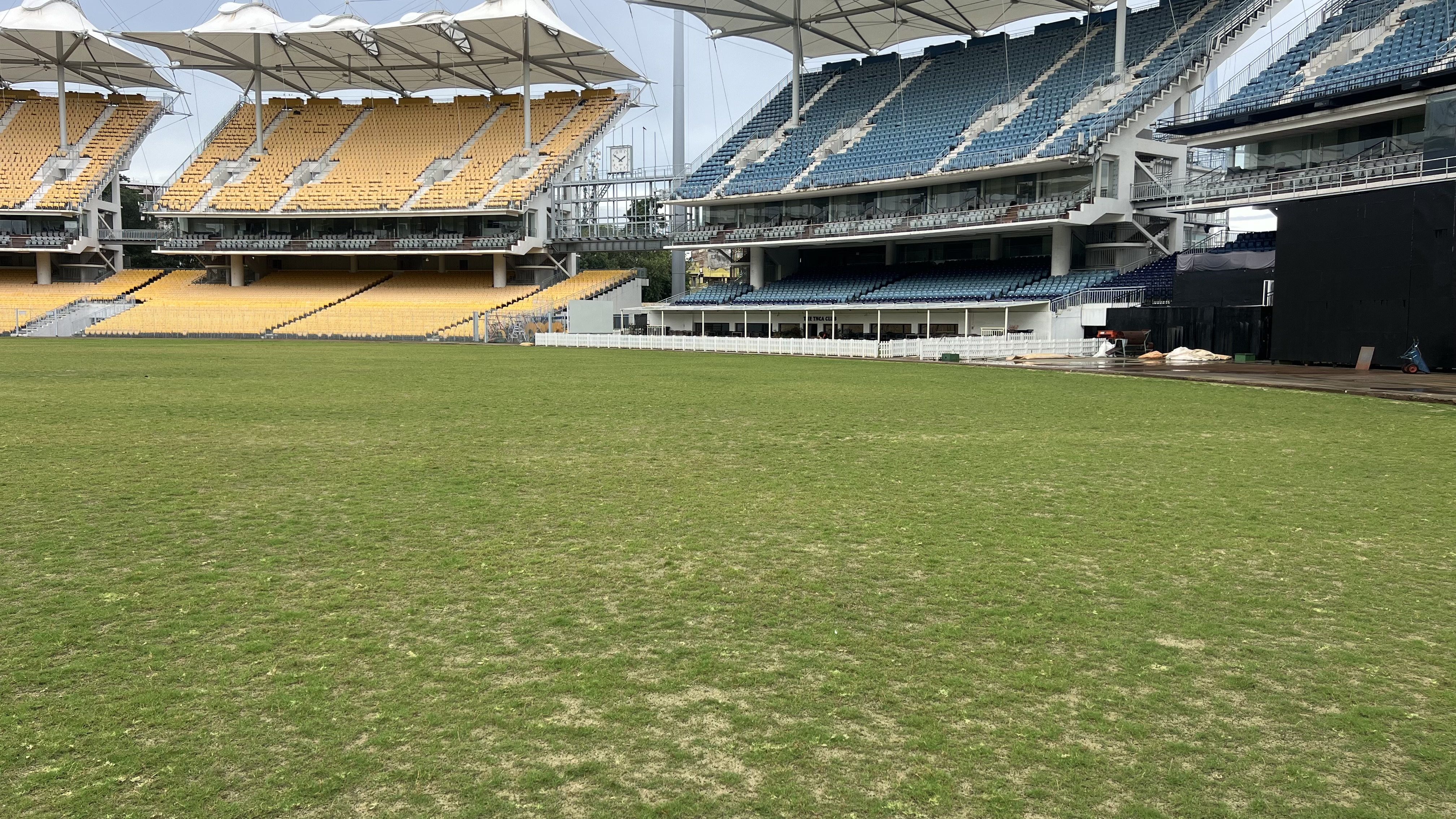 The M.A. Chidambaram Stadium in Chennai, India, during its grow-in phase